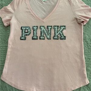 Victoria's Secret Pink V-Neck Logo Tee with Silver Embellishments Size M